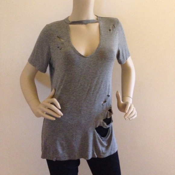 DISTRESSED GREY CHOKER TOP TEE - Picture 1 of 4